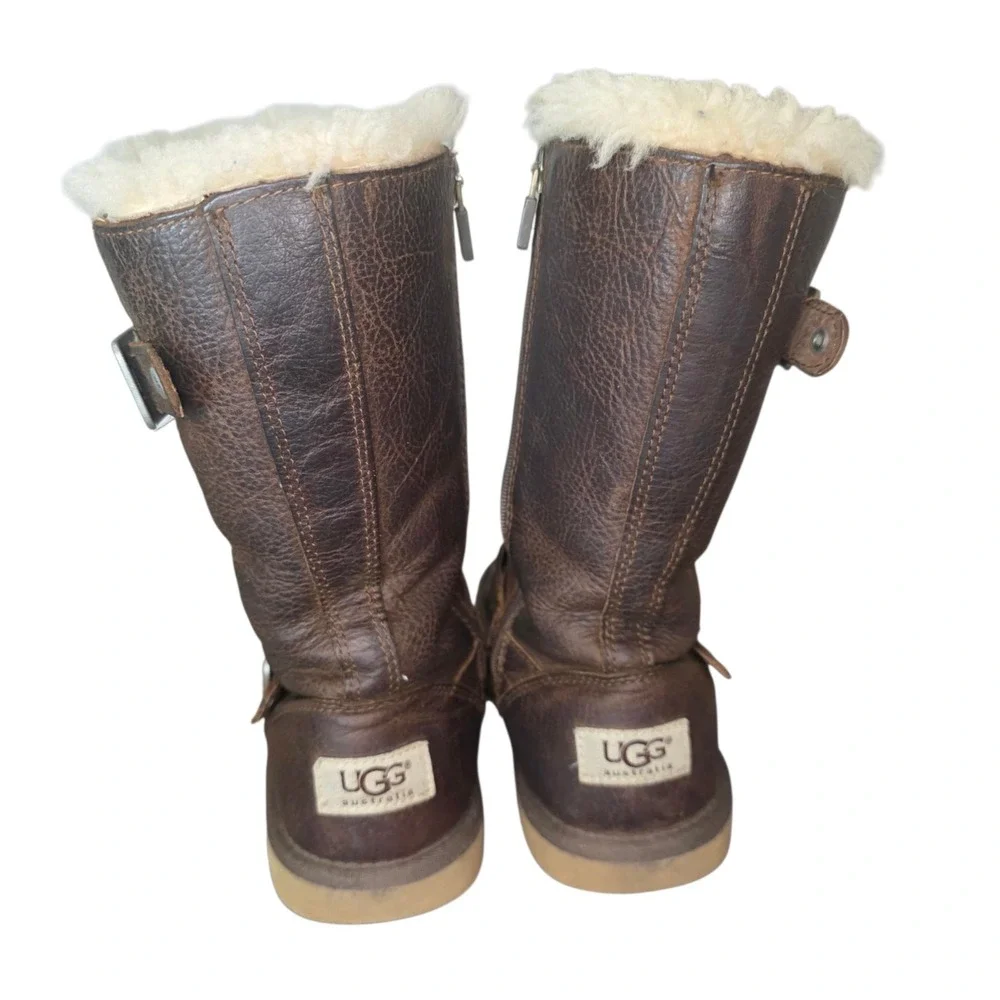UGG Kensington Girls 1 Brown Leather Sheepskin Sherpa Shearling Lined Snow Boots